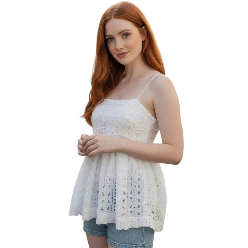 J. Crew White Eyelet Babydoll Top Peplum Coquette Girl Feminine Lace Romantic XS